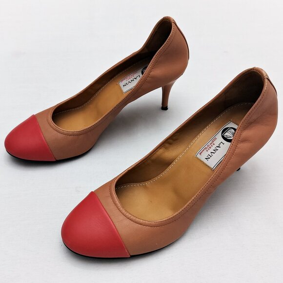 LANVIN Paris Leather Cap Toe Ballerina Pump Heel Round Colorblock Toe Italy 37.5 - Picture 12 of 12